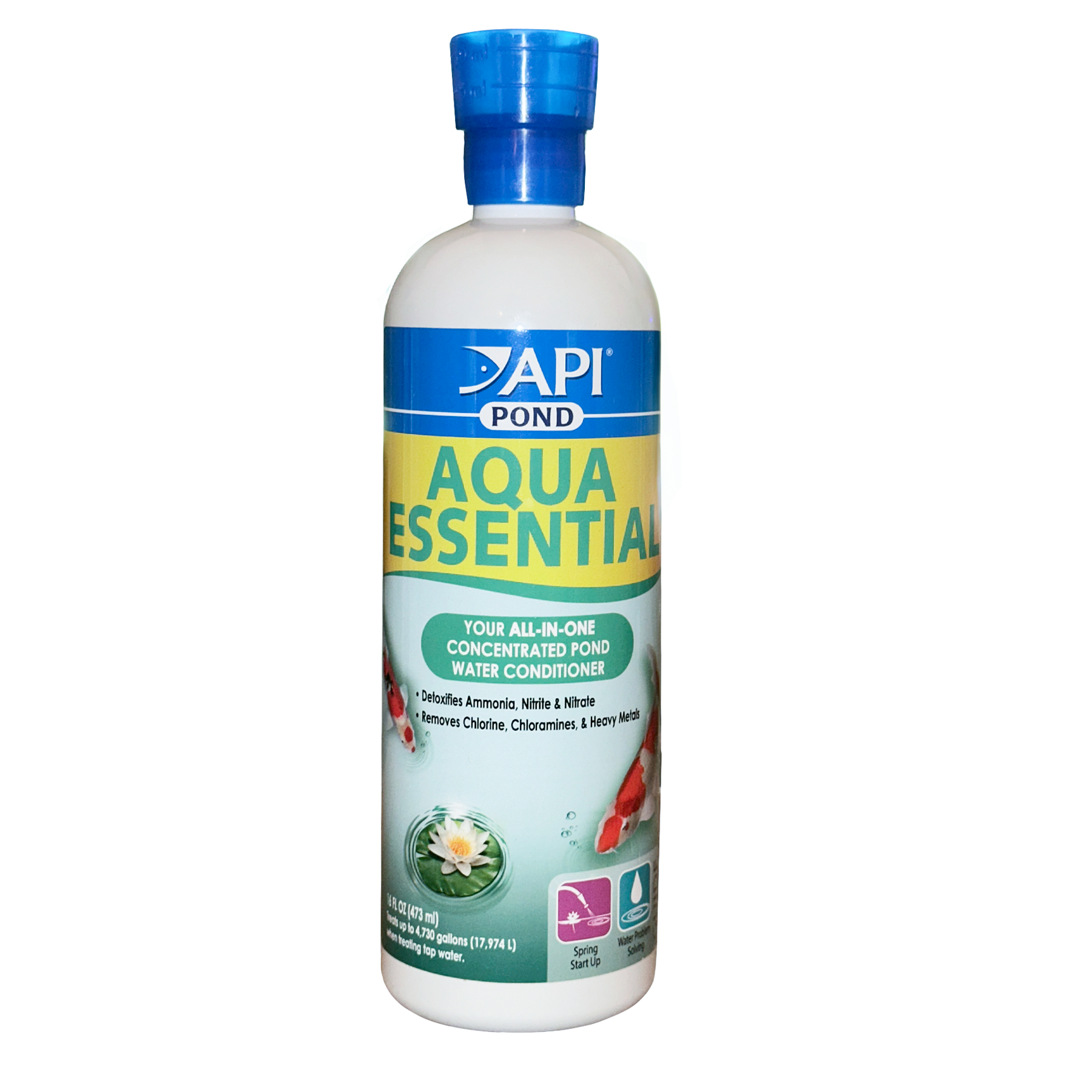 Bottle of API Pond Aqua Essential with a blue cap and yellow-blue label, an all-in-one concentrated pond water conditioner that removes chlorine, chloramines, and heavy metals while detoxifying ammonia, nitrite, and nitrate.