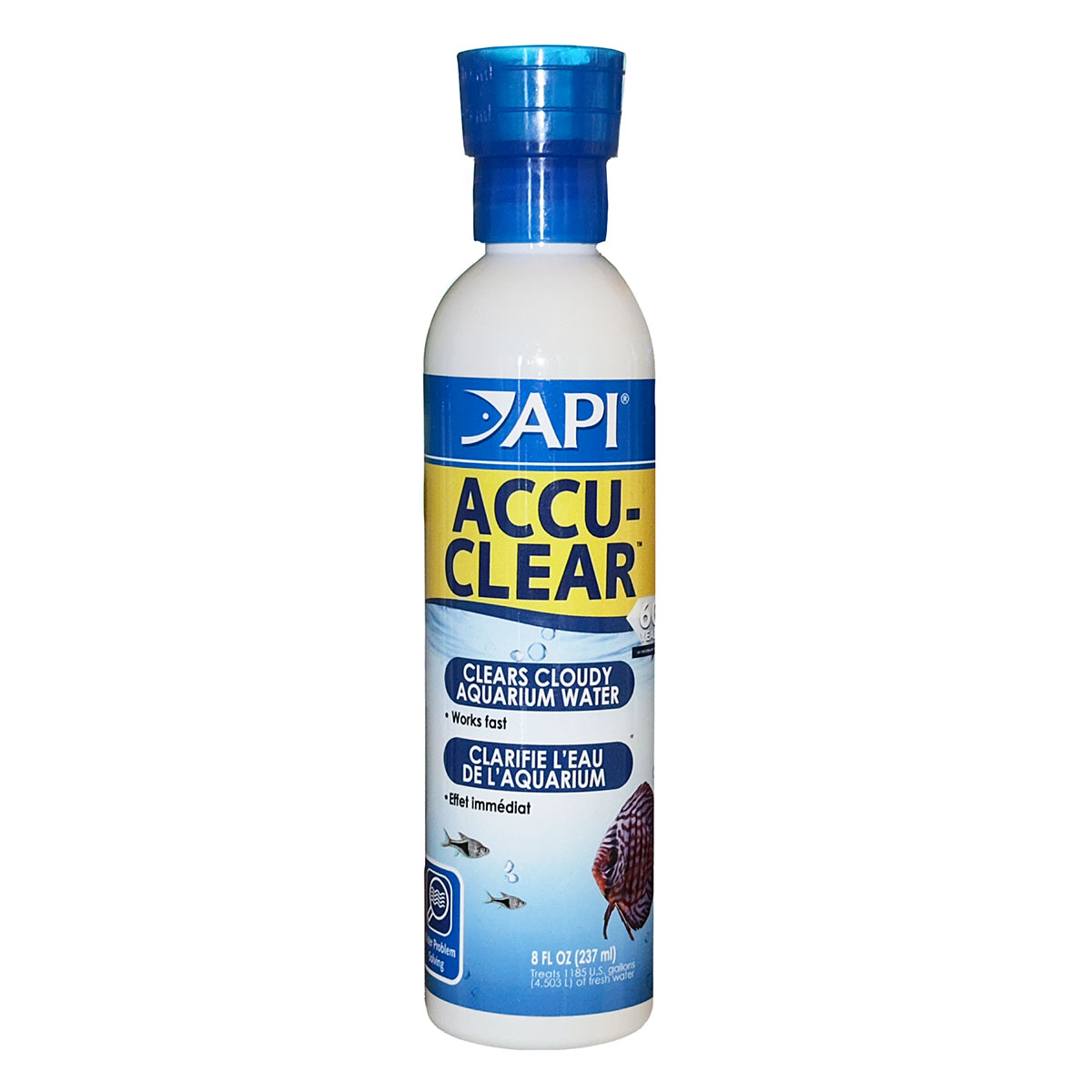 A bottle of API Accu-Clear aquarium water clarifier,
