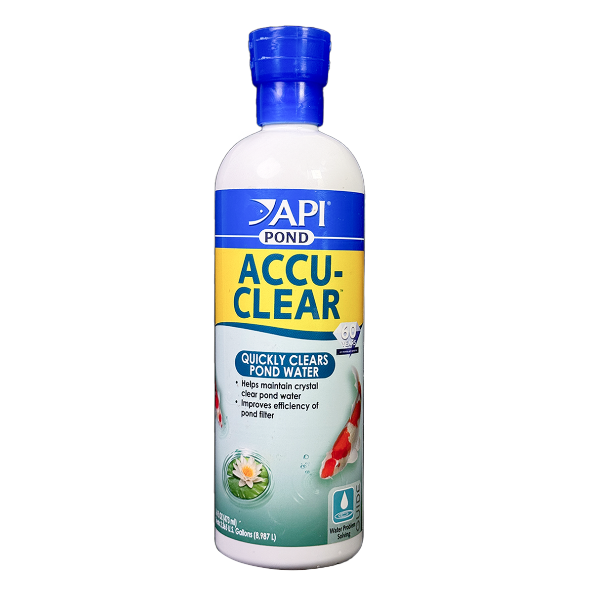 Bottle of API Pond Accu-Clear with a blue cap and yellow-blue label, used to quickly clear pond water and help maintain crystal-clear conditions.