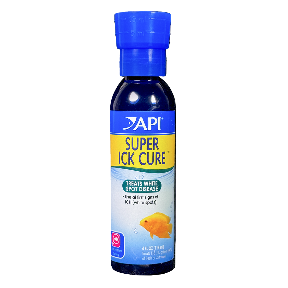 Bottle of API Super Ick Cure with a blue cap and yellow-blue label, a fish treatment used to treat white spot disease in freshwater and saltwater aquariums.