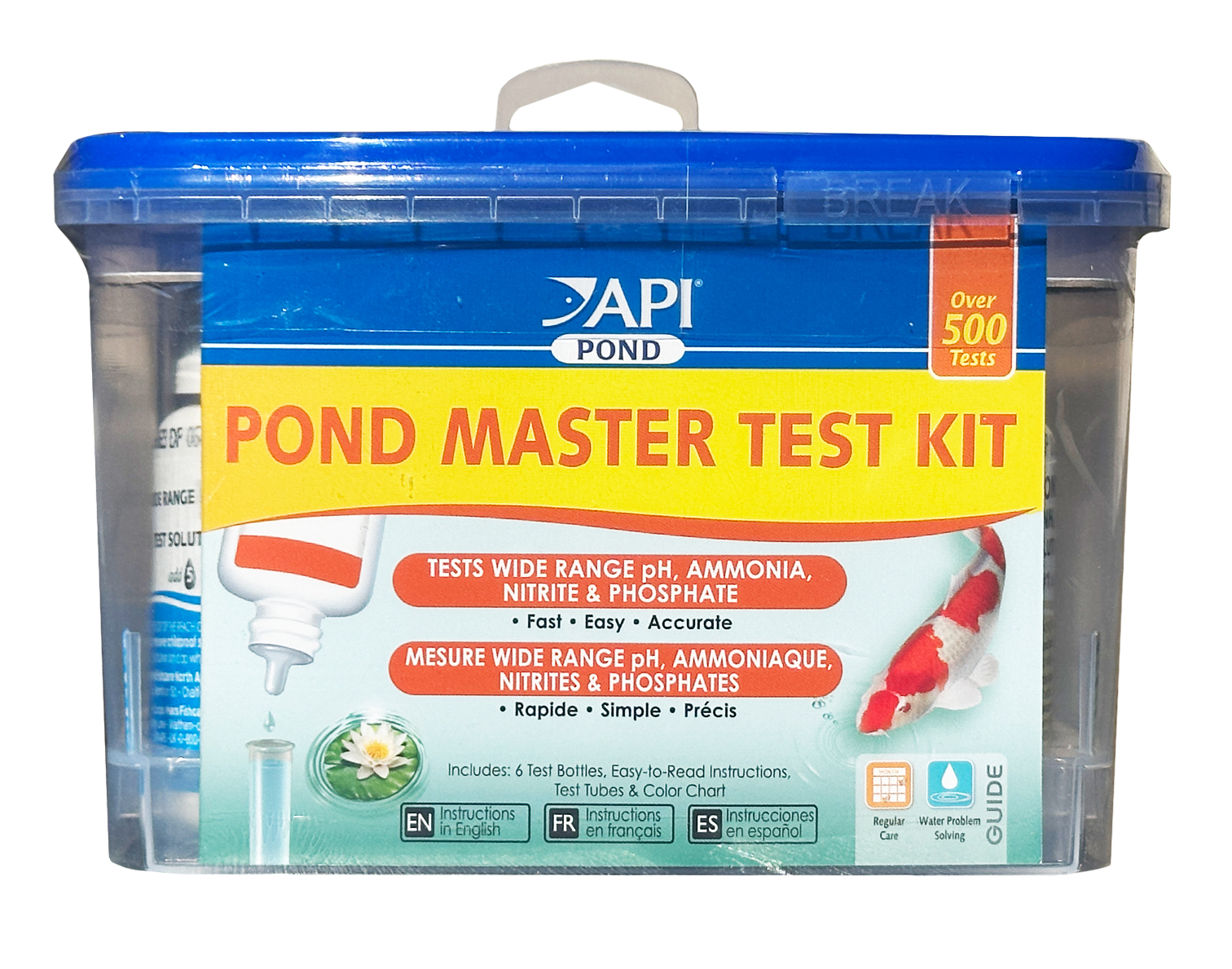 API Pond Master Test Kit in a clear plastic case with a blue lid, used to test pond water for wide-range pH, ammonia, nitrite, and phosphate.
