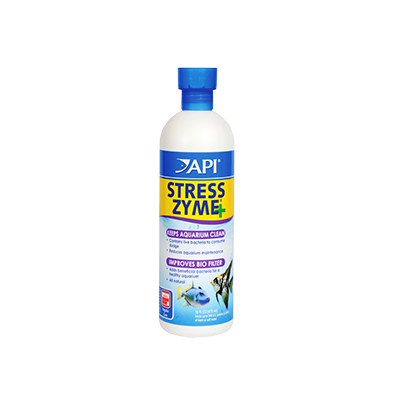 Bottle of API Stress Zyme with a blue cap and yellow-blue label, an aquarium cleaner that helps keep aquarium water clean and improves bio-filter efficiency.