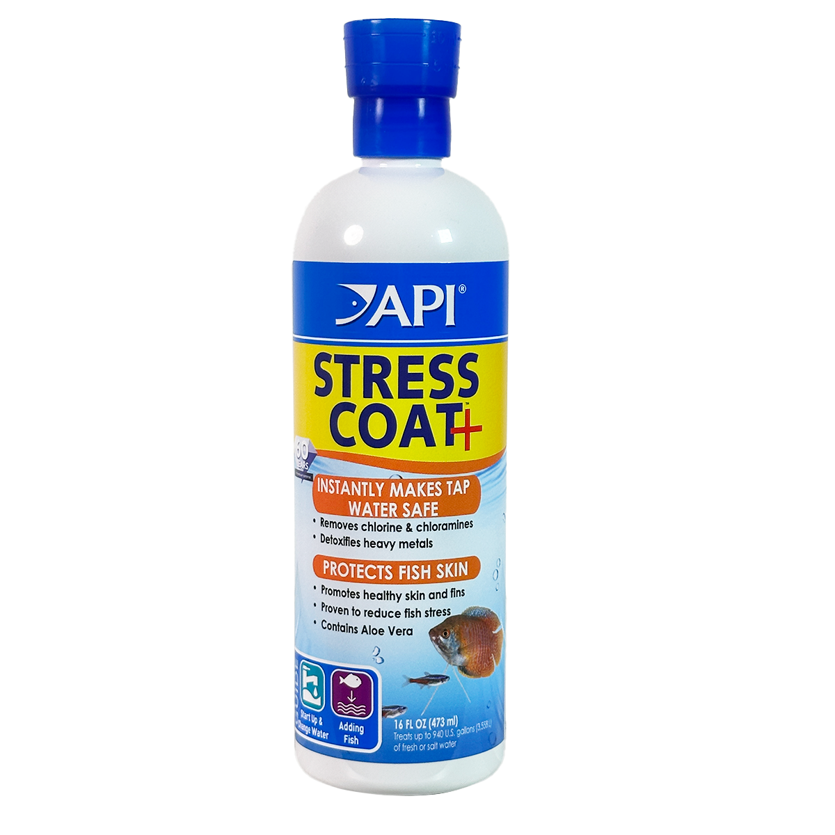 Bottle of API Stress Coat+ with a blue cap and yellow-blue label, a water conditioner that makes tap water safe and helps protect fish skin and reduce stress.