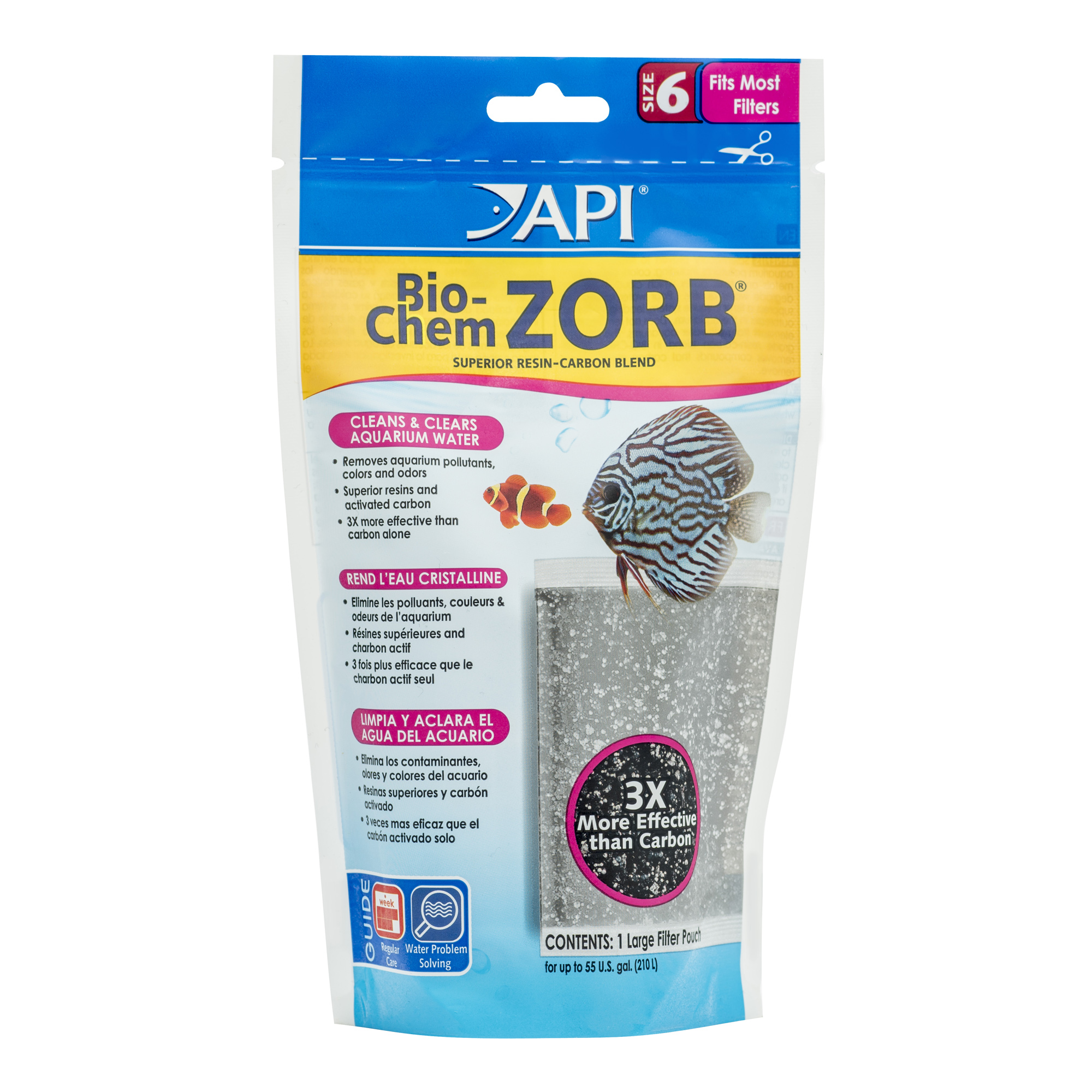 Package of API Bio-Chem Zorb size 6 filter media, a superior resin-carbon blend for cleaning and clearing aquarium water, with fish illustrations on the front.