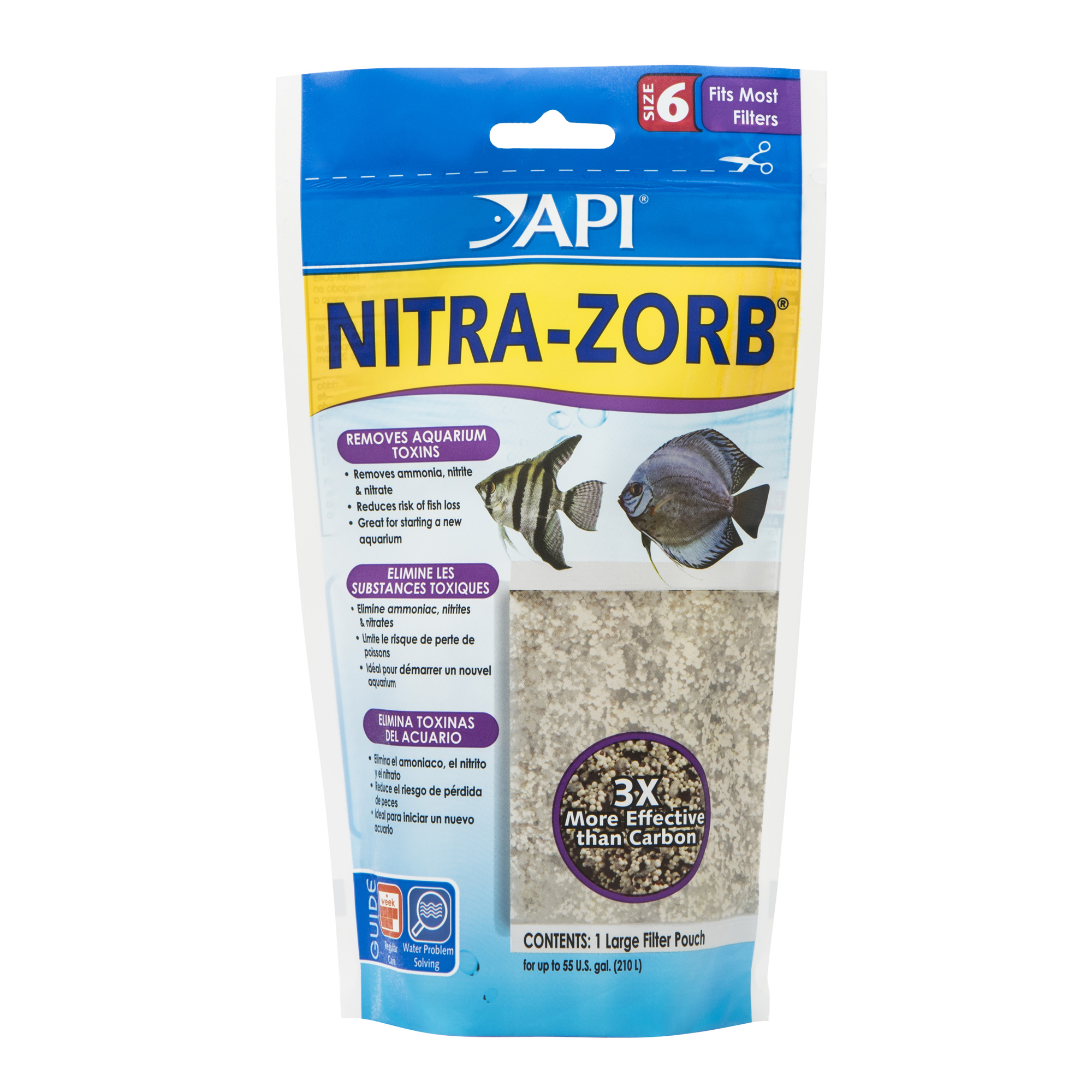 Package of API Nitra-Zorb aquarium filtration media, size 6, designed to remove ammonia, nitrite, and nitrate from aquarium water, with fish illustrations on the front.