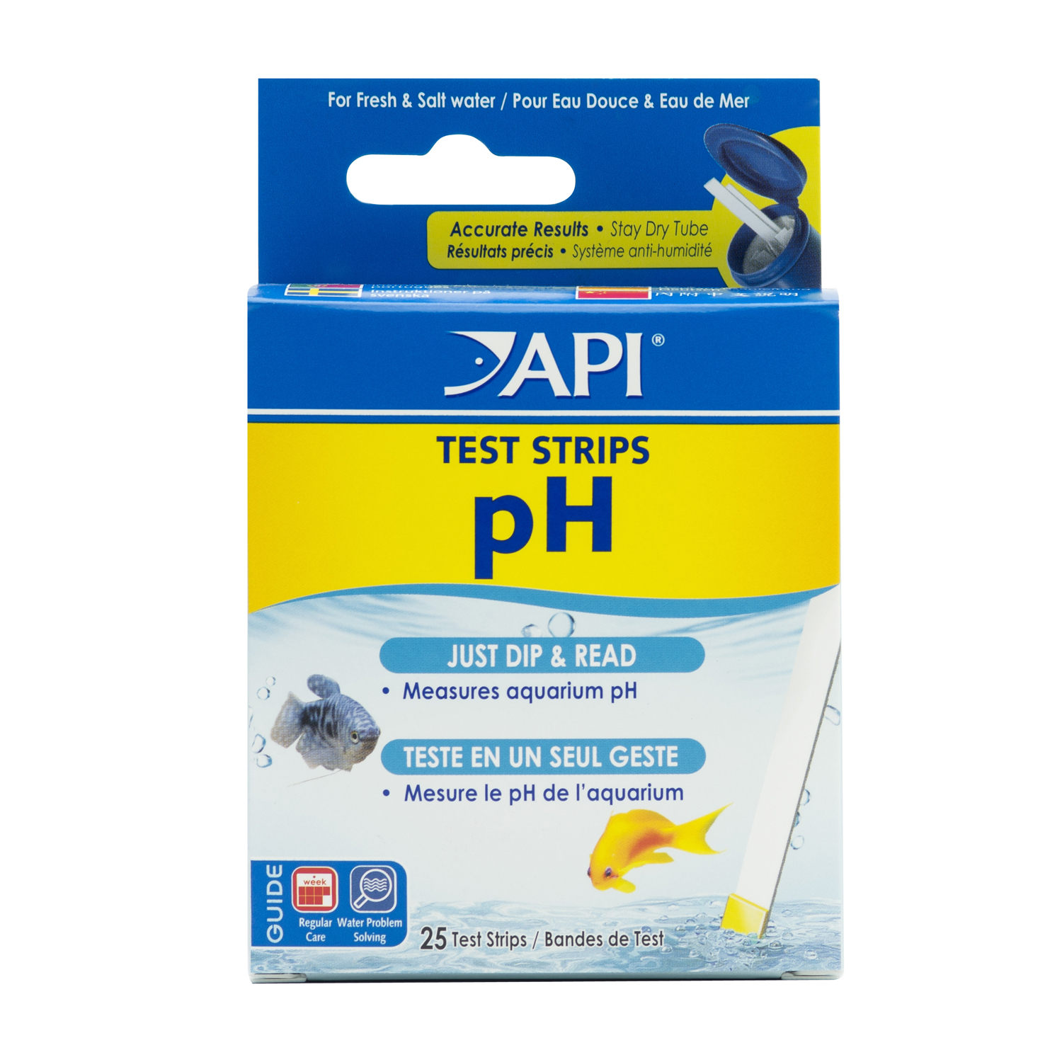 Box of API pH Test Strips for freshwater and saltwater aquariums, with 25 dip-and-read strips for measuring aquarium pH.