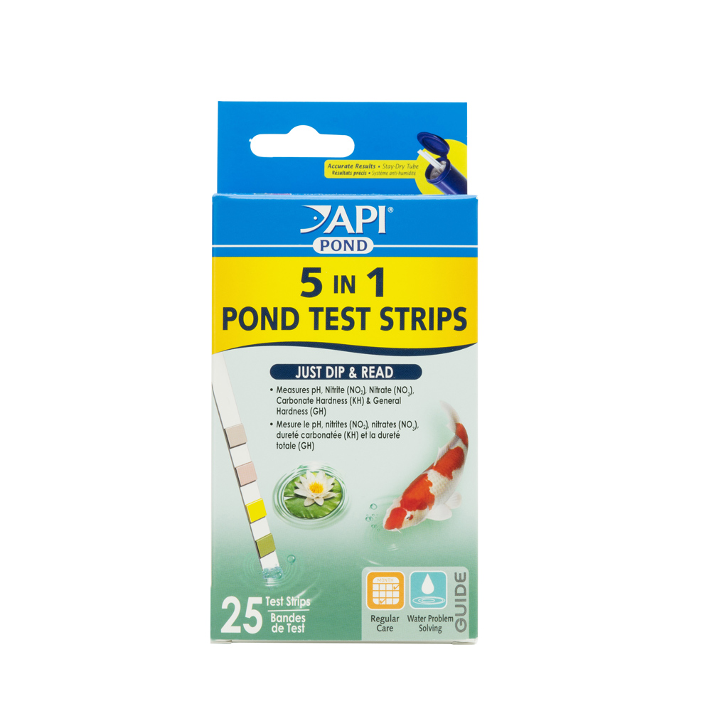 Box of API Pond 5-in-1 Test Strips with 25 dip-and-read strips for measuring pond water pH, nitrite, nitrate, carbonate hardness, and general hardness.