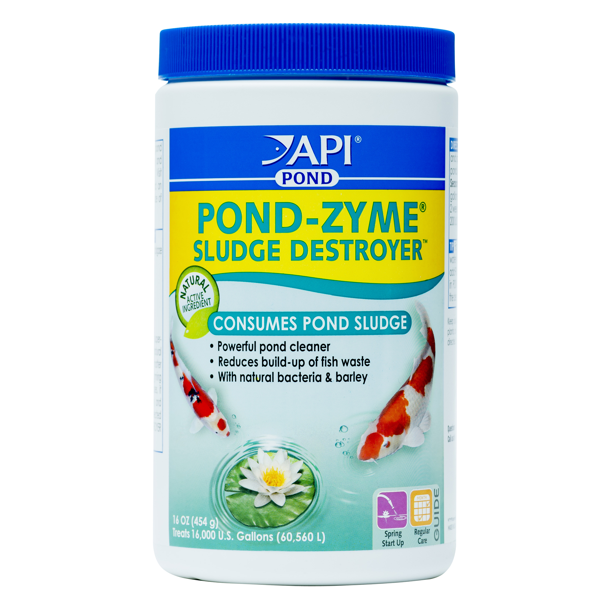 Container of API Pond-Zyme Sludge Destroyer with a blue lid and yellow-blue label, a pond cleaner that consumes pond sludge and reduces buildup of fish waste using natural bacteria and barley.