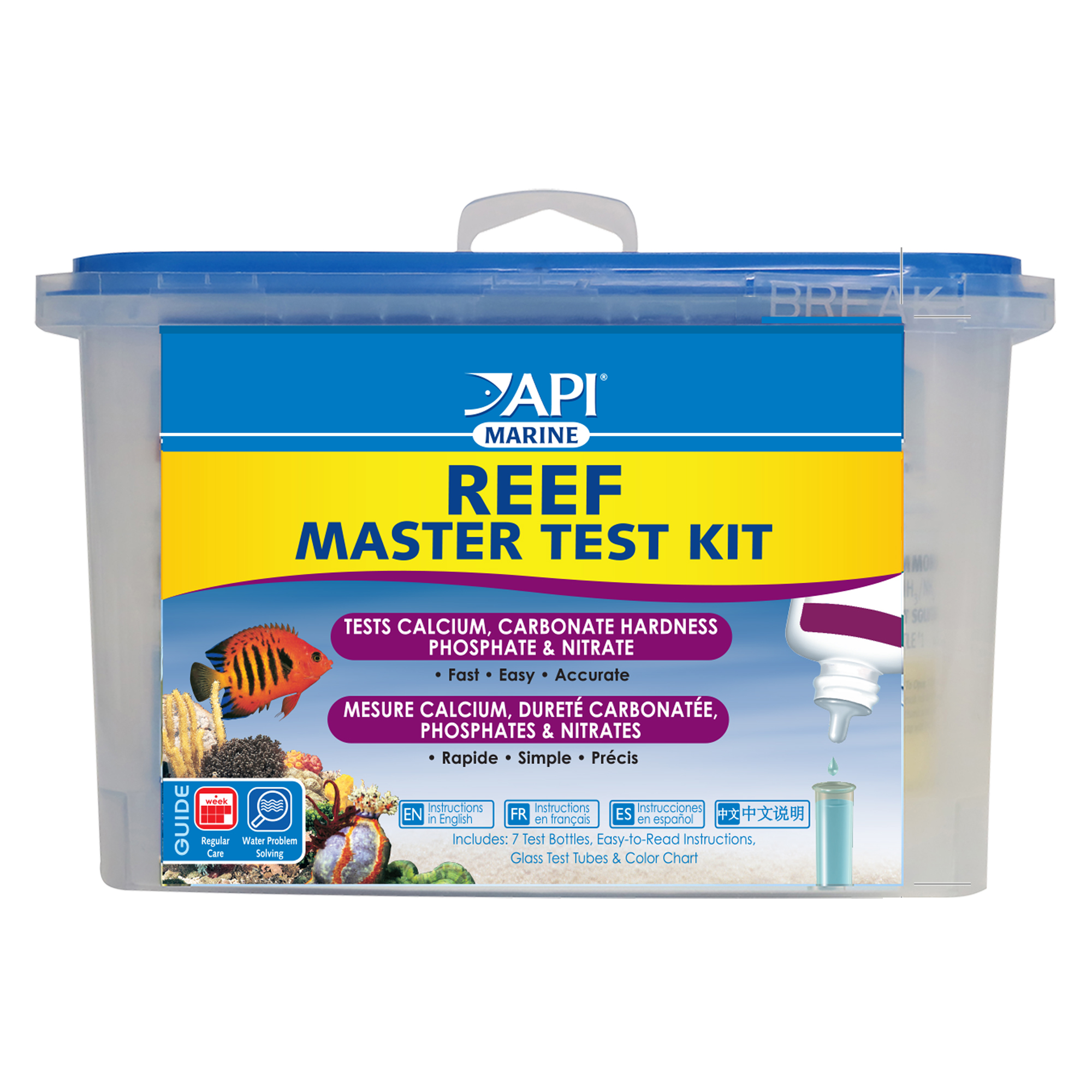 API Marine Reef Master Test Kit in a clear plastic case with a blue lid, used to test reef aquarium water for calcium, carbonate hardness, phosphate, and nitrate.