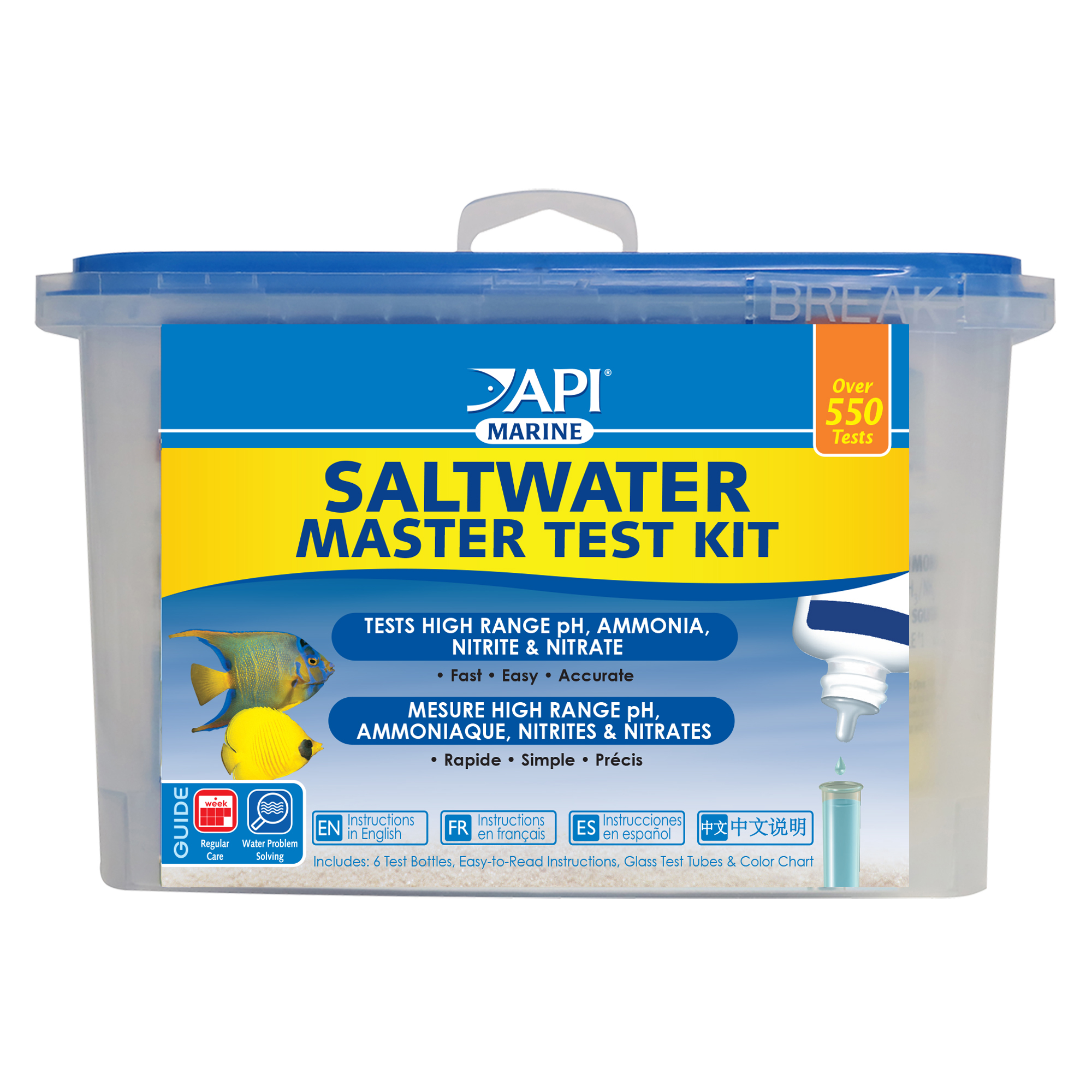 API Marine Saltwater Master Test Kit in a clear plastic case with a blue lid, used to test saltwater aquarium water for high-range pH, ammonia, nitrite, and nitrate.
