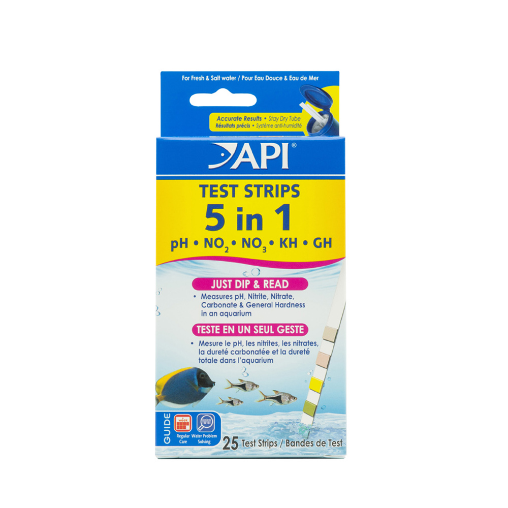 Box of API 5-in-1 Test Strips for freshwater and saltwater aquariums, with 25 dip-and-read strips for measuring pH, nitrite, nitrate, carbonate hardness, and general hardness.