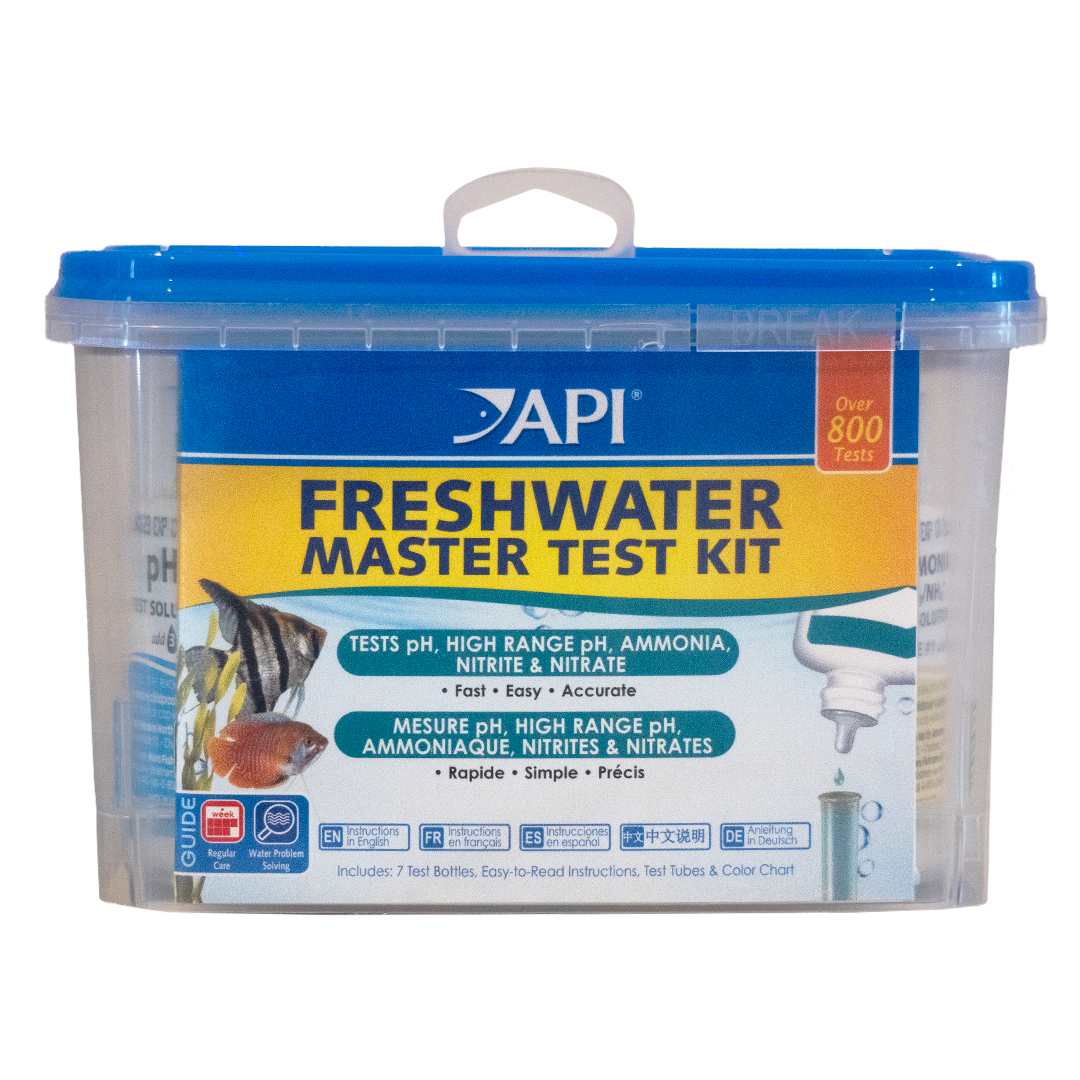 API Freshwater Master Test Kit in a clear plastic case with a blue lid, used to test aquarium water for pH, high-range pH, ammonia, nitrite, and nitrate.