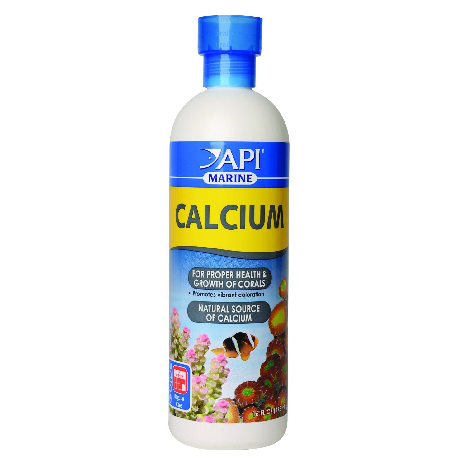 Bottle of API Marine Calcium with a blue cap and yellow-blue label, a saltwater aquarium supplement that supports proper coral health and growth.