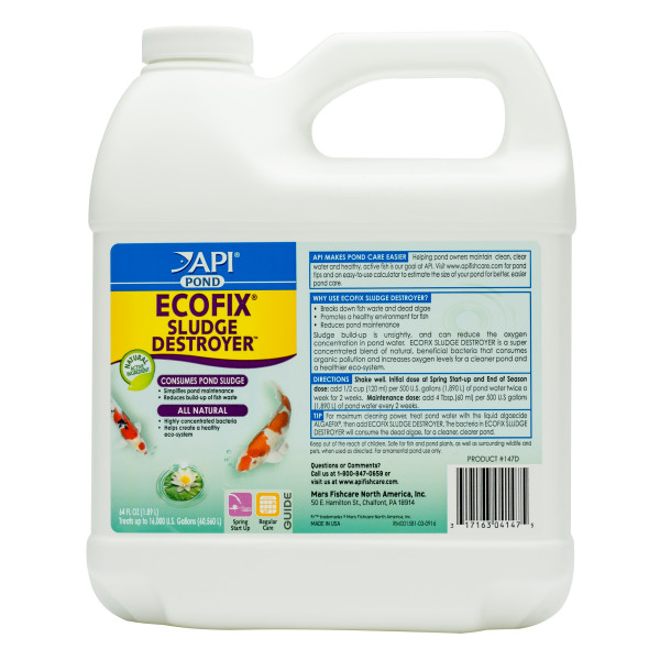 Large jug of API Pond EcoFix Sludge Destroyer with a handle and product label, a pond treatment designed to consume pond sludge and reduce buildup of fish waste.