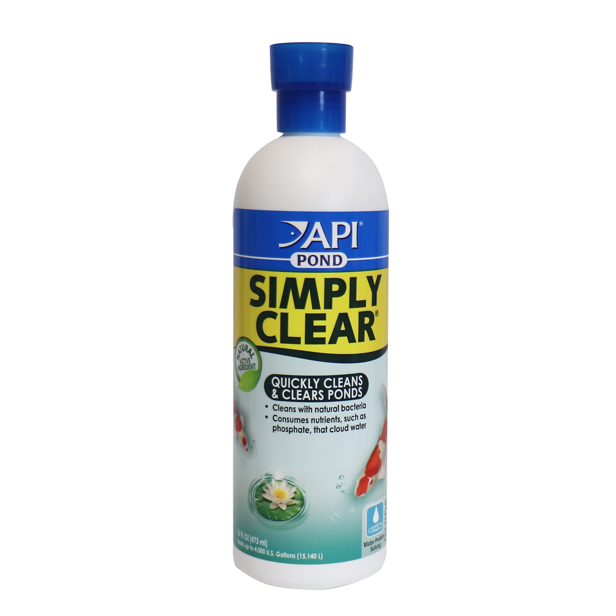 Bottle of API Pond Simply Clear with a blue cap and yellow-blue label, used to quickly clean and clear pond water with natural bacteria.