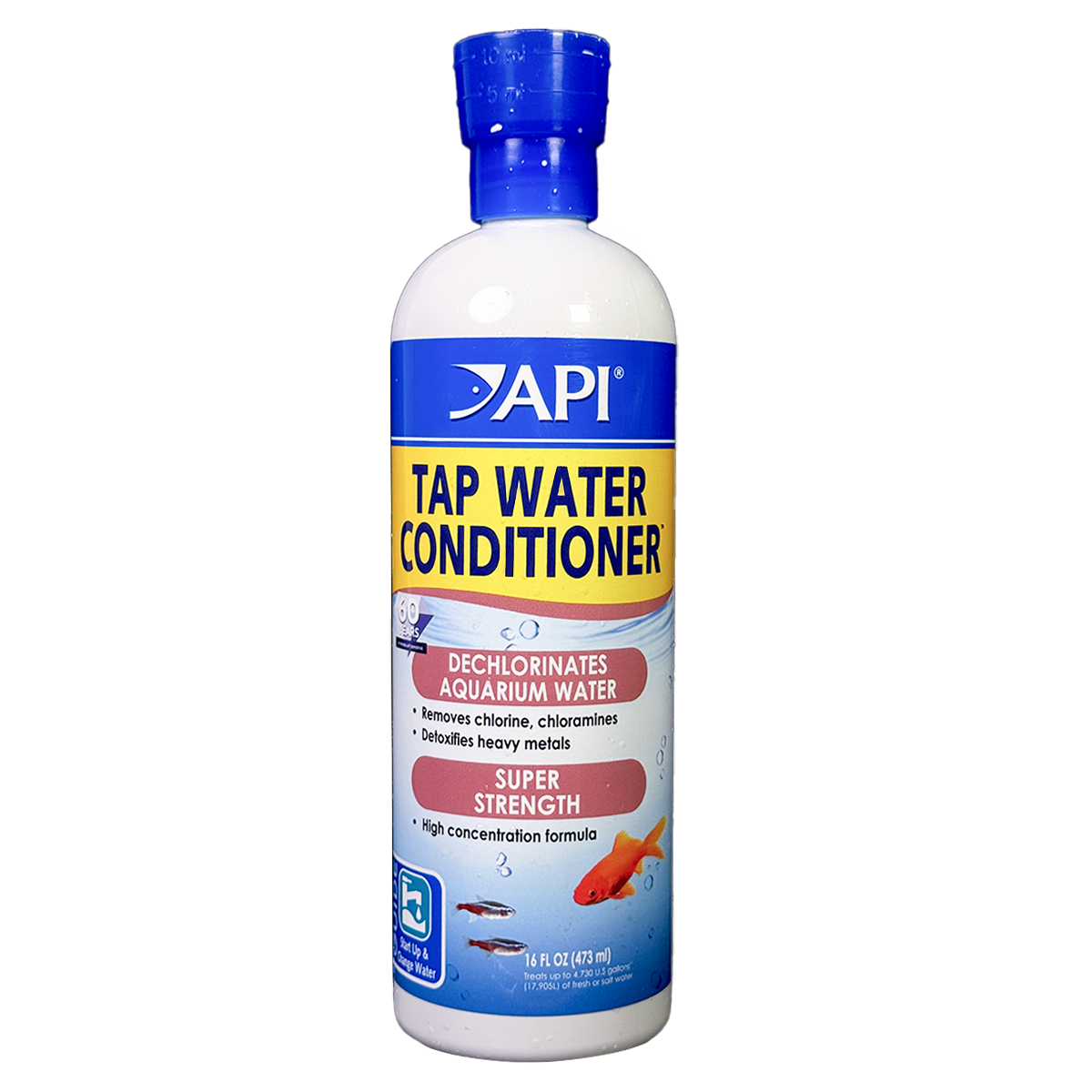 Bottle of API Tap Water Conditioner with a blue cap and yellow-blue label, used to dechlorinate aquarium water by removing chlorine, chloramines, and heavy metals.