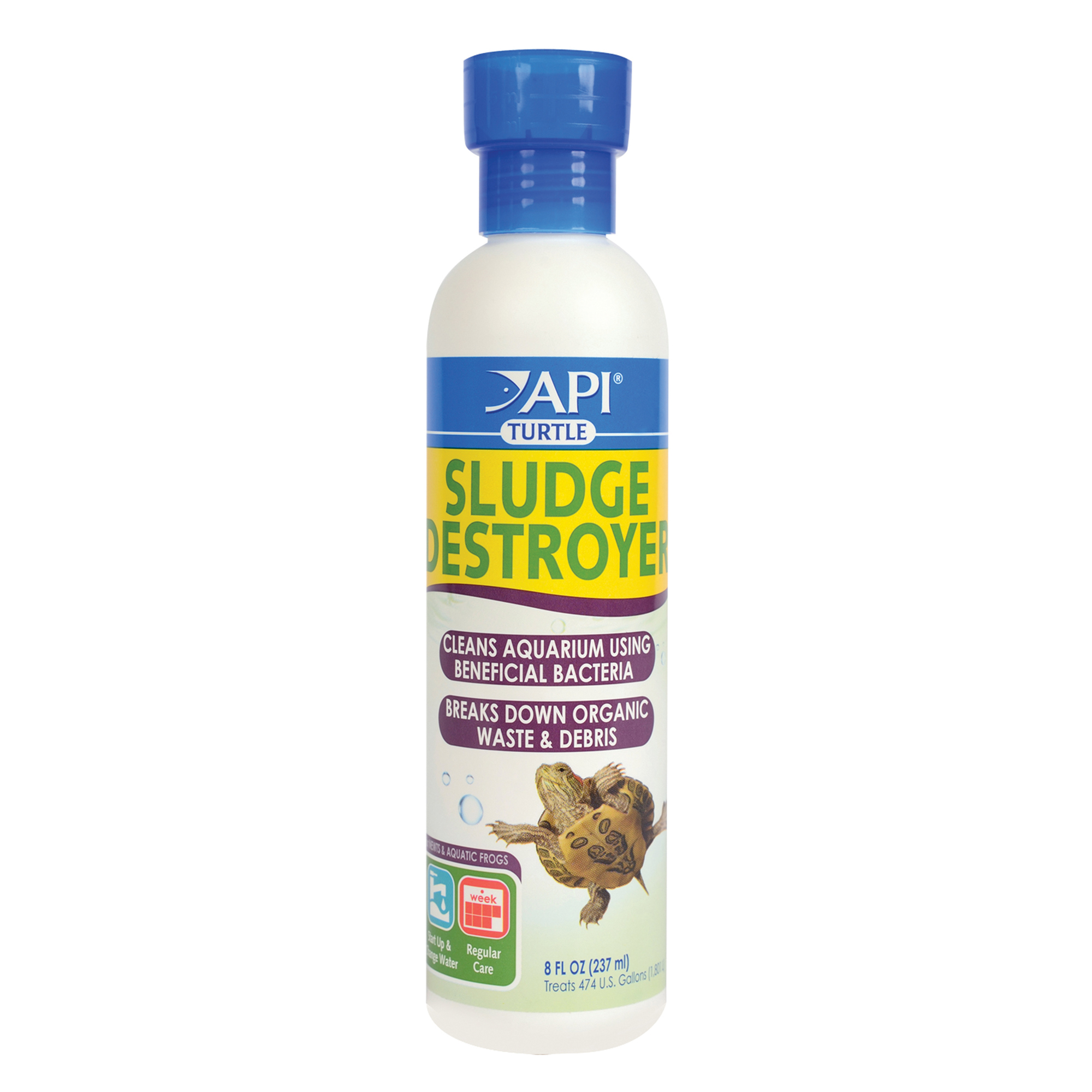 Bottle of API Turtle Sludge Destroyer with a blue cap and yellow-blue label, designed to clean turtle aquariums by breaking down organic waste and debris with beneficial bacteria.