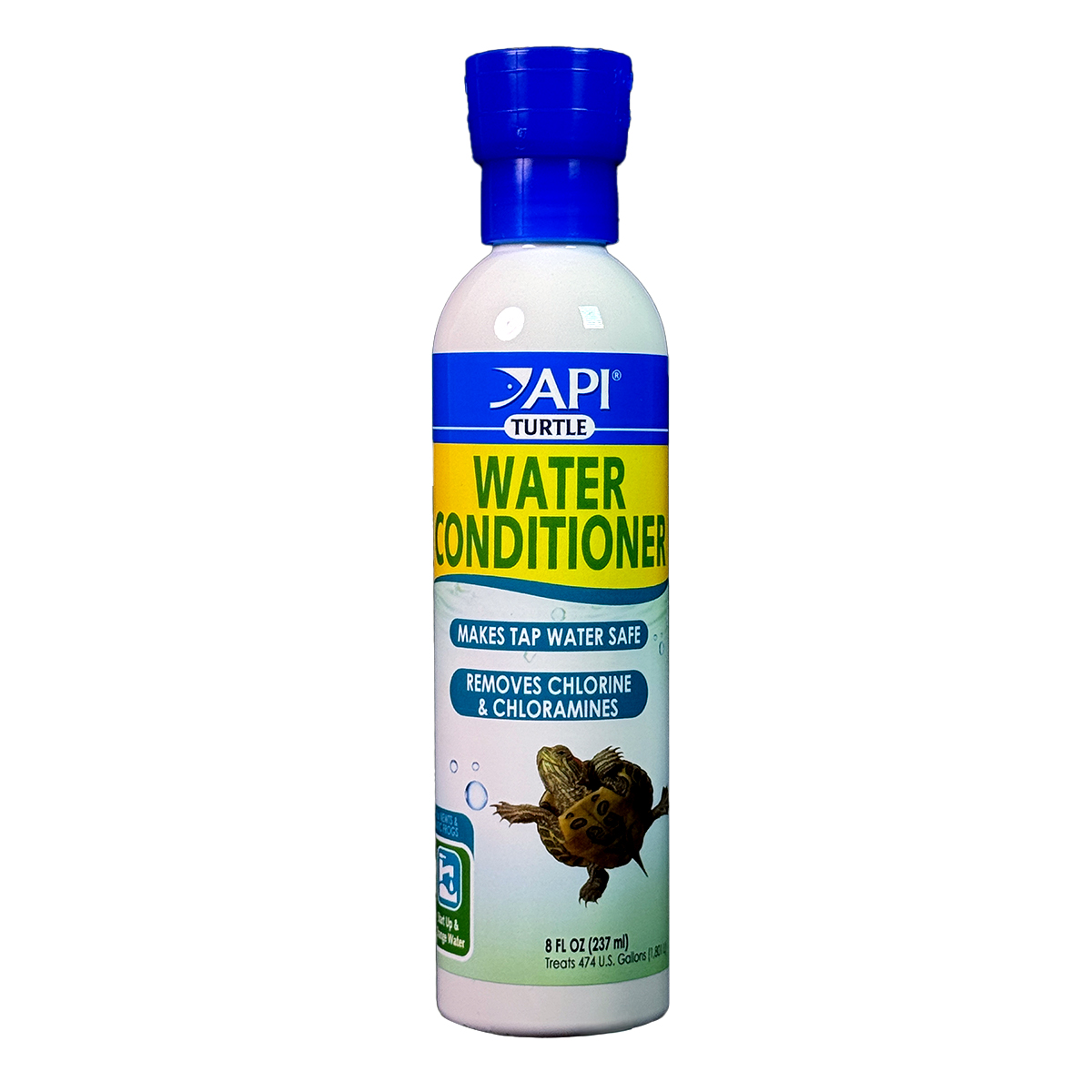 Bottle of API Turtle Water Conditioner with a blue cap and yellow-blue label, used to make tap water safe for turtles by removing chlorine and chloramines.